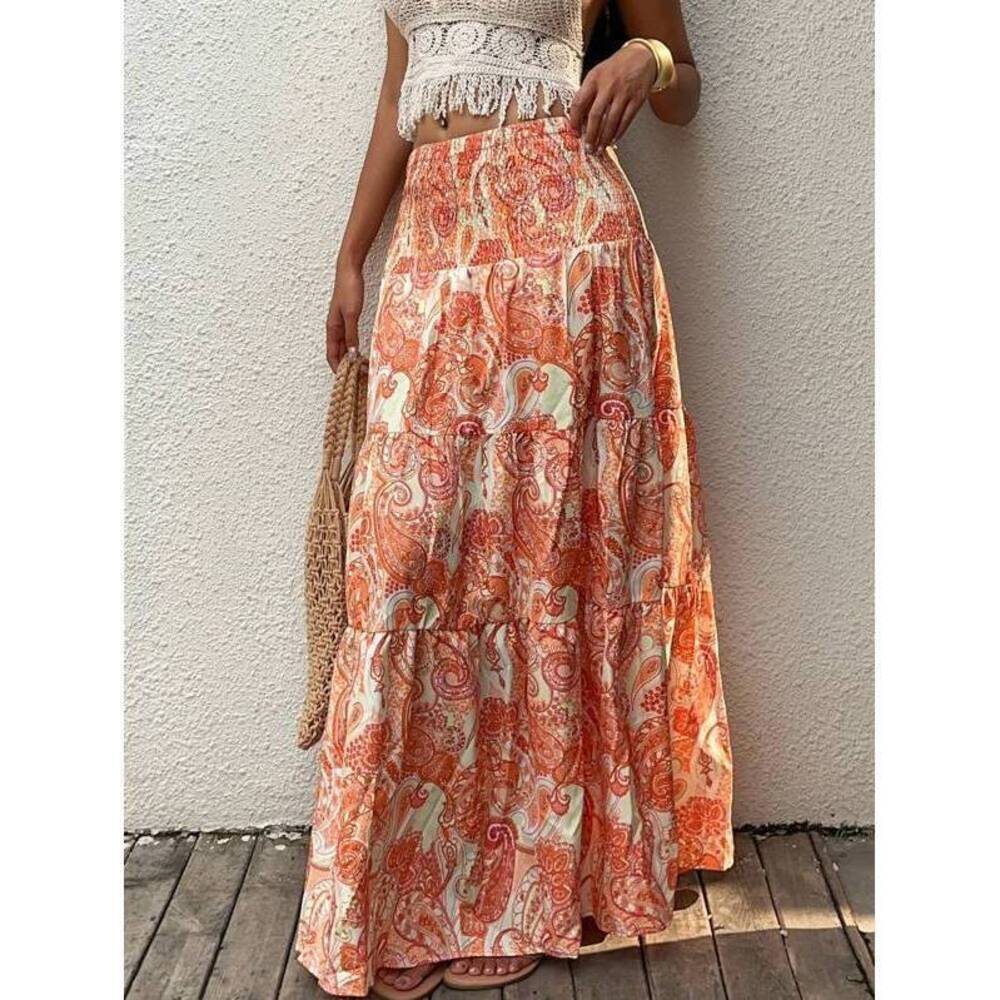 Sunnyshic Bohemian Printed Long Skirt, Daily Wear, Spring
